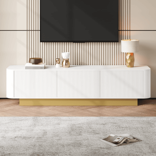 Móvel de TV 170 cm - Design arredondado, arrumação, gestão de cabos, frente texturizada - Branco