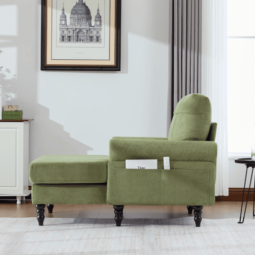 Poltrona individual em chenille - encosto e braços confortáveis, bolsos laterais - Verde Oliva