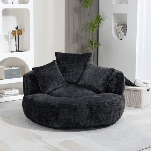 Sofá individual - Lazy Lounger com encosto alto e 3 almofadas - Chenille preta