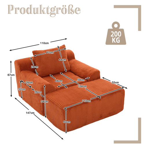 Sofá relax - Estofado moderno com bolsos laterais e almofada - Laranja