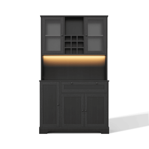 Armário alto de cozinha 180x105x40 cm - Vitrine com prateleiras ajustáveis, LED, tomada - Preto