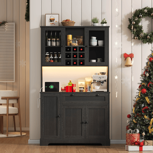 Armário alto de cozinha 180x105x40 cm - Vitrine com prateleiras ajustáveis, LED, tomada - Preto