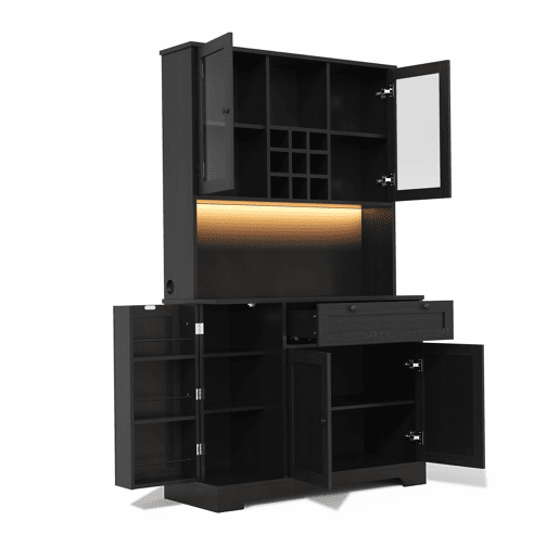 Armário alto de cozinha 180x105x40 cm - Vitrine com prateleiras ajustáveis, LED, tomada - Preto