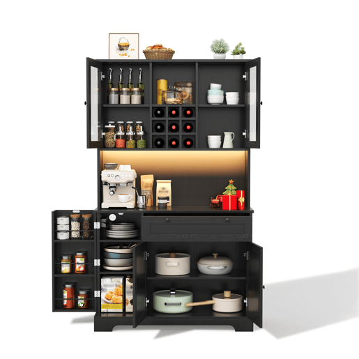 Armário alto de cozinha 180x105x40 cm - Vitrine com prateleiras ajustáveis, LED, tomada - Preto