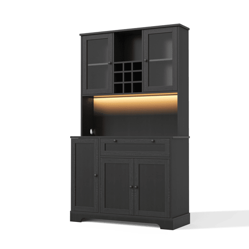 Armário alto de cozinha 180x105x40 cm - Vitrine com prateleiras ajustáveis, LED, tomada - Preto