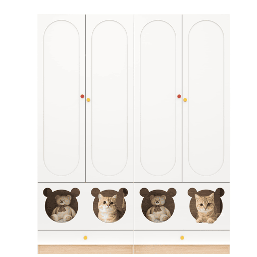 Armário infantil 160x50x200 cm - 2 peças, barra para pendurar, cama para gato - Branco+Natural