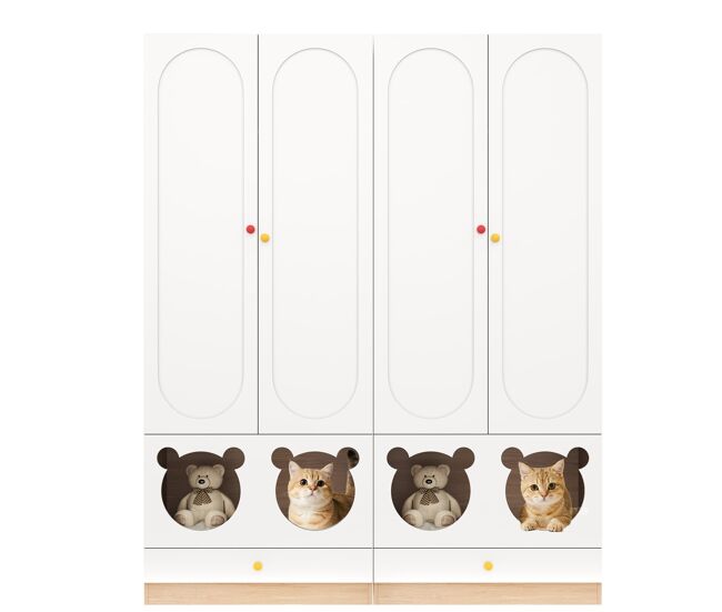 Armario infantil 160x50x200 cm - 2 piezas, barra colgante, cama para gato - blanco+natural