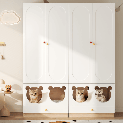 Armário infantil 160x50x200 cm - 2 peças, barra para pendurar, cama para gato - Branco+Natural