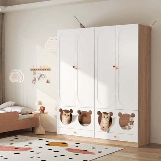 Armário infantil 160x50x200 cm - 2 peças, barra para pendurar, cama para gato - Branco+Natural