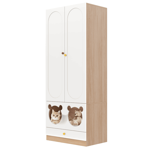 Armário infantil 160x50x200 cm - 2 peças, barra para pendurar, cama para gato - Branco+Natural