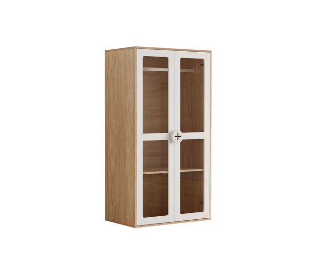 Armario infantil 80x50x150 cm - 2 puertas, estantes ajustables, tiradores madera - natural+blanco