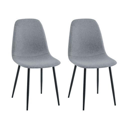 Conjunto de 2 cadeiras de jantar, modelo liso, estofadas em cinza com pés de metal preto.