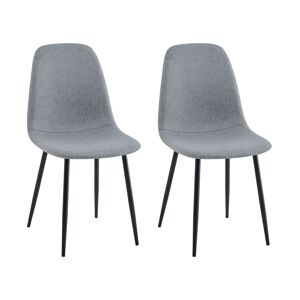 Conjunto de 2 cadeiras de jantar, modelo liso, estofadas em cinza com pés de metal preto.