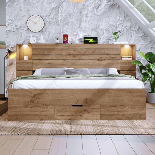 Cama de casal 180x200 cm - LED, USB, mesas de cabeceira suspensas, arrumação debaixo da cama - Carvalho