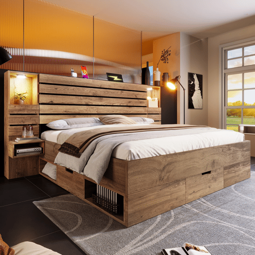 Cama de casal 180x200 cm - LED, USB, mesas de cabeceira suspensas, arrumação debaixo da cama - Carvalho