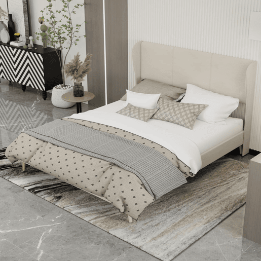 Cama estofada minimalista 160x200 - cabeceira acolchoada, base baixa sem arrumação - bege