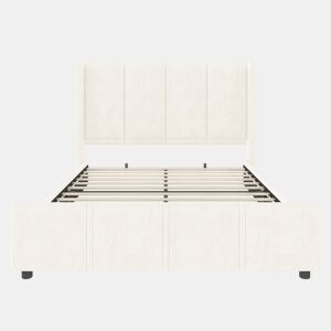Cama estofada 160x200 cm - Cabeceira e pés altos, USB certificado, estrutura em ferro e madeira, bege