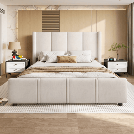 Cama estofada 160x200 cm - Cabeceira e pés altos, USB certificado, estrutura em ferro e madeira, bege