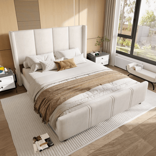 Cama estofada 160x200 cm - Cabeceira e pés altos, USB certificado, estrutura em ferro e madeira, bege