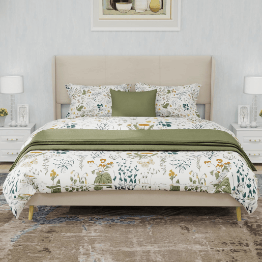 Cama estofada 140x200 cm - Minimalista moderna, cabeceira acolchoada, base baixa, bege