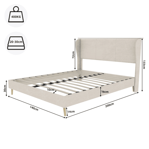 Cama estofada 140x200 cm - Minimalista moderna, cabeceira acolchoada, base baixa, bege