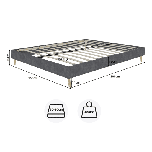 Cama minimalista moderna 160x200 - estofada em veludo holandês, base baixa - cinzenta