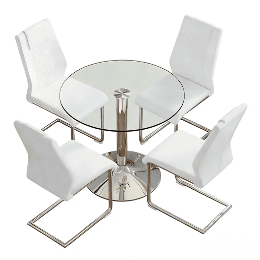 Conjunto de mesa de jantar 85 cm - minimalista em vidro temperado com 4 cadeiras em PU - Branco+Prata
