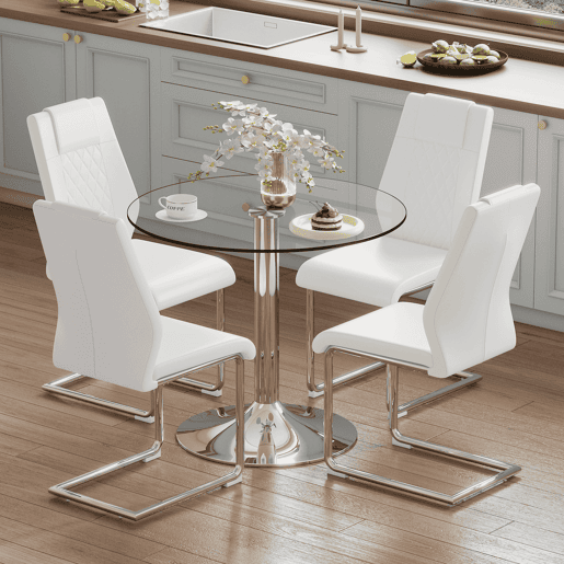 Conjunto de mesa de jantar 85 cm - minimalista em vidro temperado com 4 cadeiras em PU - Branco+Prata