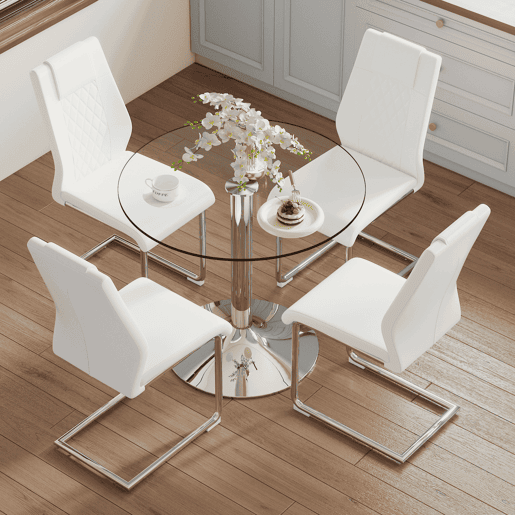 Conjunto de mesa de jantar 85 cm - minimalista em vidro temperado com 4 cadeiras em PU - Branco+Prata