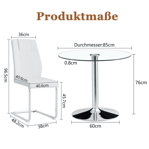 Conjunto de mesa de jantar 85 cm - minimalista em vidro temperado com 4 cadeiras em PU - Branco+Prata