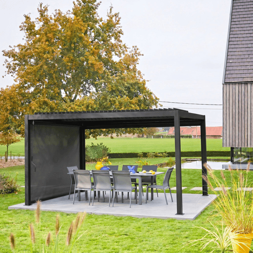 Pérgola bioclimática 3x4m de alumínio e aço com estore de 3m Preto - 392x292x224 cm