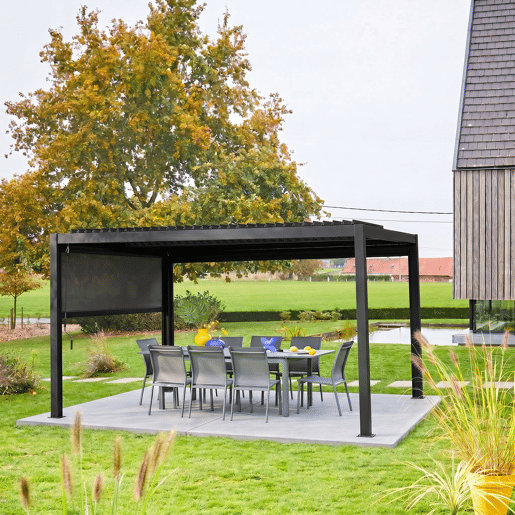 Pérgola bioclimática 3x4m de alumínio e aço com estore de 3m Preto - 392x292x224 cm