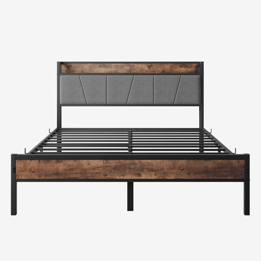 Cama metálica 140x200 - LED inteligente, cabeceira com USB, sem estrado - castanho antigo