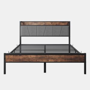 Cama metálica 140x200 - LED inteligente, cabeceira com USB, sem estrado - castanho antigo