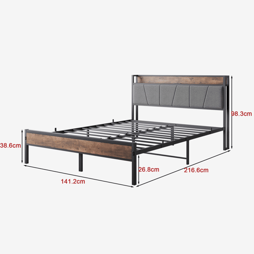Cama metálica 140x200 - LED inteligente, cabeceira com USB, sem estrado - castanho antigo