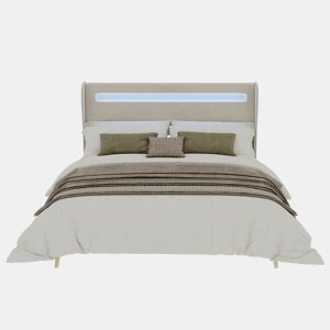 Cama estofada 160x200 - cabeceira acolchoada com LED, base baixa sem arrumação - bege