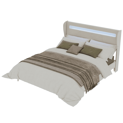 Cama estofada 160x200 - cabeceira acolchoada com LED, base baixa sem arrumação - bege