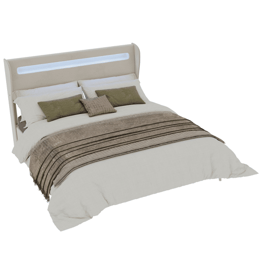 Cama estofada 160x200 - cabeceira acolchoada com LED, base baixa sem arrumação - bege