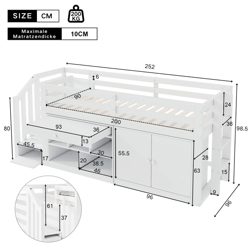 Cama infantil multifuncional 90x200 - com escada e arrumação - branco