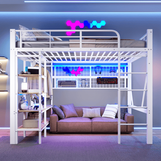 Cama alta 140x200 cm - Estrutura metálica, prateleira, barra para pendurar, espaço livre, faixa LED - Branco