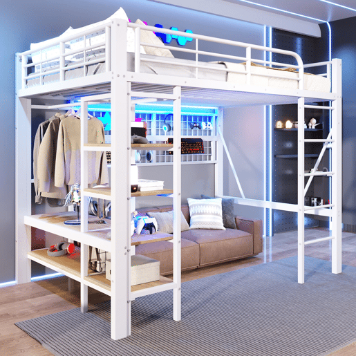 Cama alta 140x200 cm - Estrutura metálica, prateleira, barra para pendurar, espaço livre, faixa LED - Branco