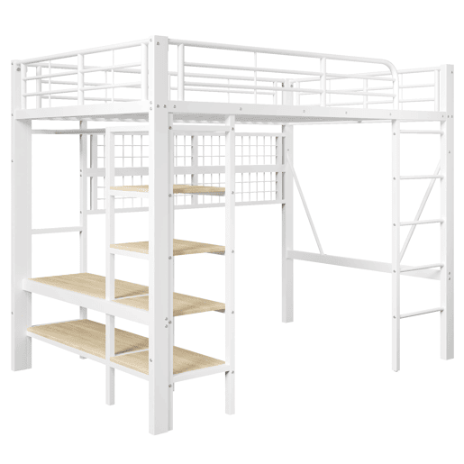 Cama alta 140x200 cm - Estrutura metálica, prateleira, barra para pendurar, espaço livre, faixa LED - Branco