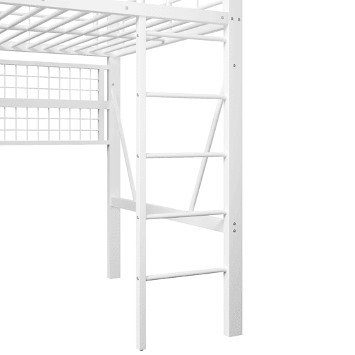Cama alta 140x200 cm - Estrutura metálica, prateleira, barra para pendurar, espaço livre, faixa LED - Branco