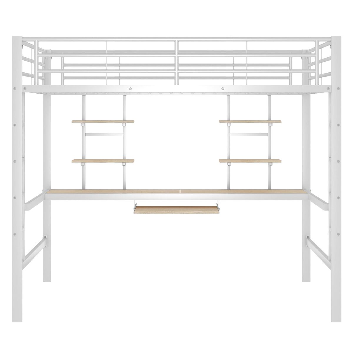 Cama alta 140x200 - con escritorio y 2 estanterías, metálica - blanca