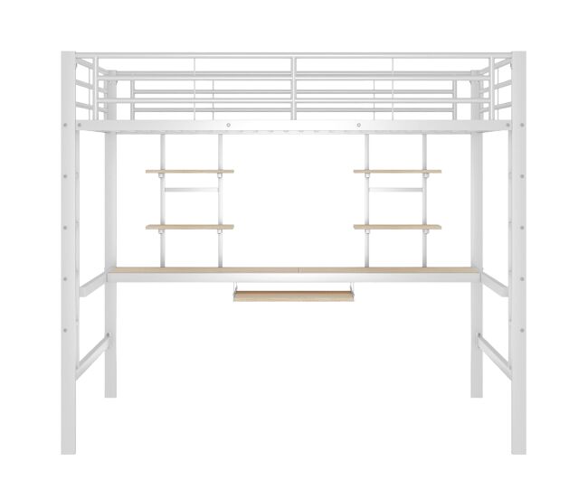 Cama alta 140x200 - con escritorio y 2 estanterías, metálica - blanca