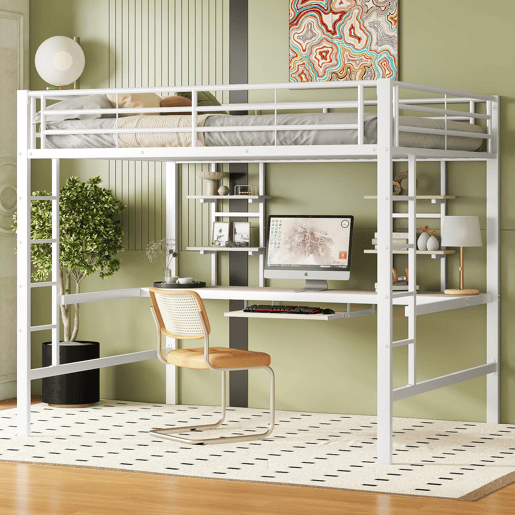 Cama alta 140x200 - com secretária e 2 estantes, metálica - branca