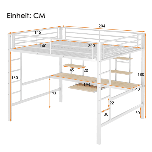 Cama alta 140x200 - com secretária e 2 estantes, metálica - branca