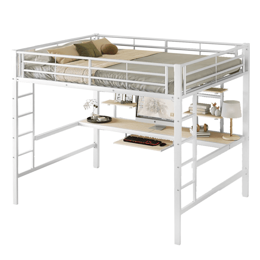 Cama alta 140x200 - com secretária e 2 estantes, metálica - branca