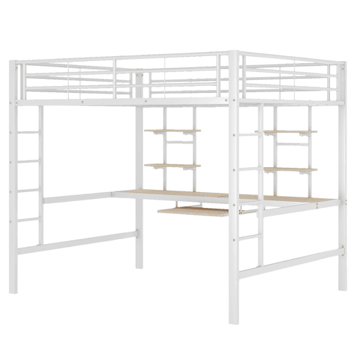 Cama alta 140x200 - com secretária e 2 estantes, metálica - branca