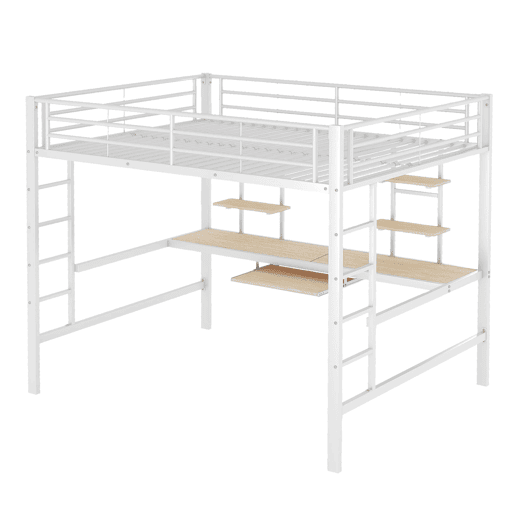Cama alta 140x200 - com secretária e 2 estantes, metálica - branca